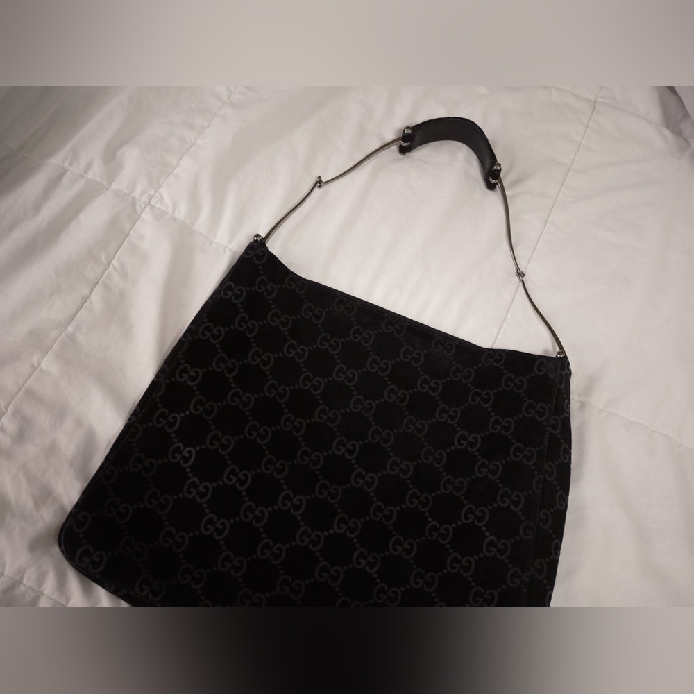 RARE Vintage Gucci Black Suede Monogram Metal Horsebit Strap Hobo Bag - Picture 14 of 17